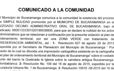 Comunicado a la comunidad sobre nulidad de actos administrativos por presunta violación al POT