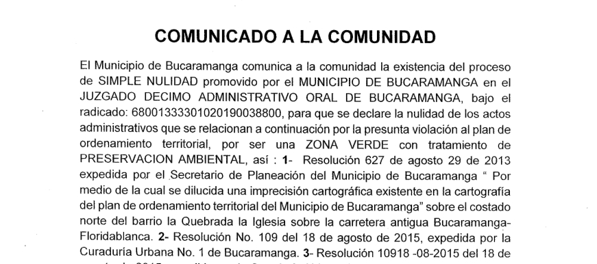 Comunicado a la comunidad sobre nulidad de actos administrativos por presunta violación al POT