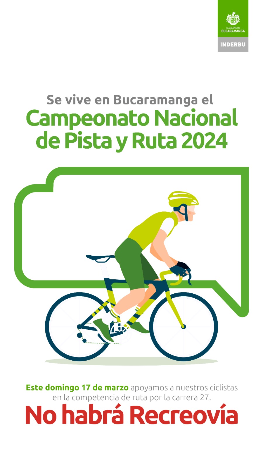 Este domingo 17 de marzo no habrá Recreovía porque se vive en Bucaramanga el Campeonato Nacional de Pista y Ruta