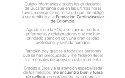 Comunicado sobre estado de salud del alcalde Jaime Andrés Beltrán