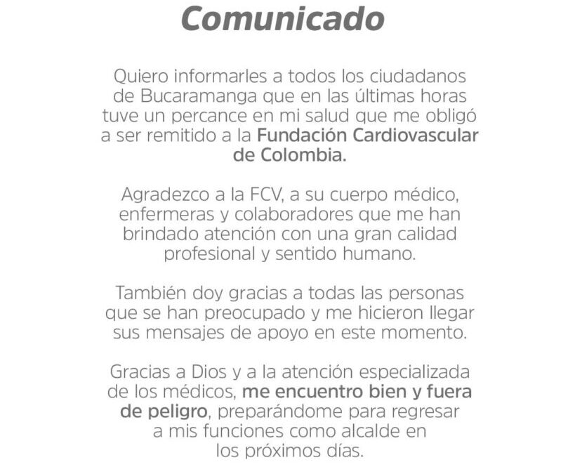 Comunicado sobre estado de salud del alcalde Jaime Andrés Beltrán