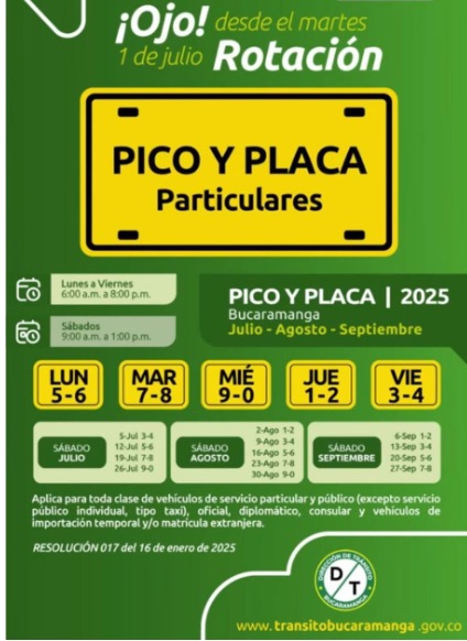 Nuevas disposiciones del Pico y Placa en Bucaramanga rigen desde el martes 1 de julio